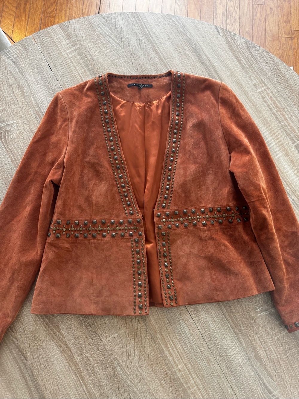 In Suede XL Genuine Leather Studded Jacket Rust Brown Open Front Western Boho